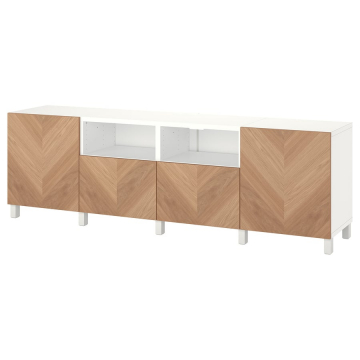 BESTÅ uste ja sahtlitega telerialus 240x42x74 cm valge/Hedeviken/Stubbarp tammevineer
